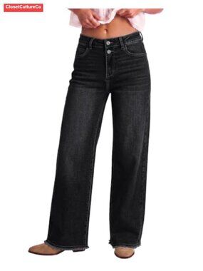 High Waisted Wide Leg Stretchy Denim Jeans Raw Hem 5 Pocket